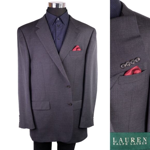 Ralph Lauren Mens Two Button Gray Blazer Wool Solid Sport Coat Jacket Size 48L - Picture 1 of 15